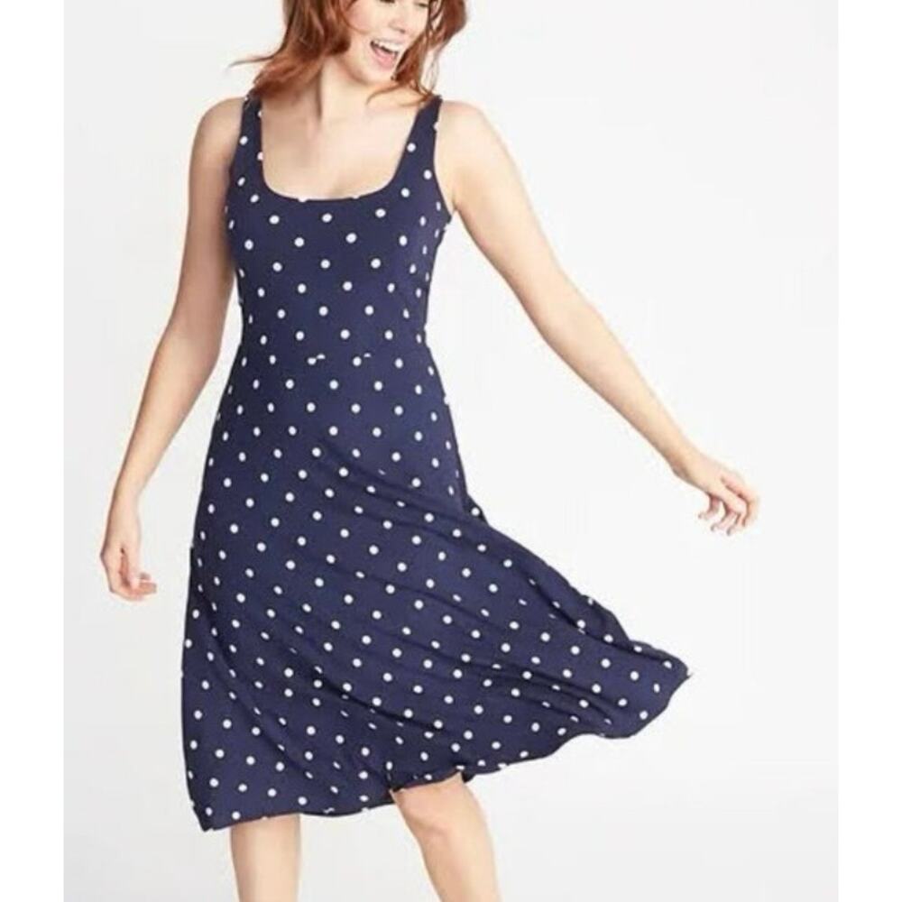 New Old Navy Sleeveless Blue Polka Dot Midi Swing Dress Fit Flare Womens XL Tall